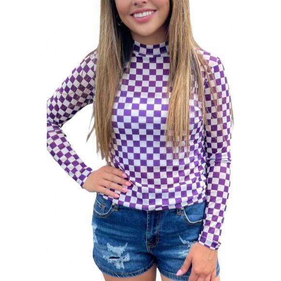 STERLING KREEK Tops - NEW STERLING KREEK checkered long sleeve top in purple/white